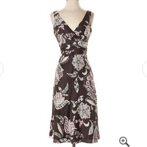 Ann Taylor Silk Dress Career Work Sleeveless Brown Floral Ruched Waist Size 4